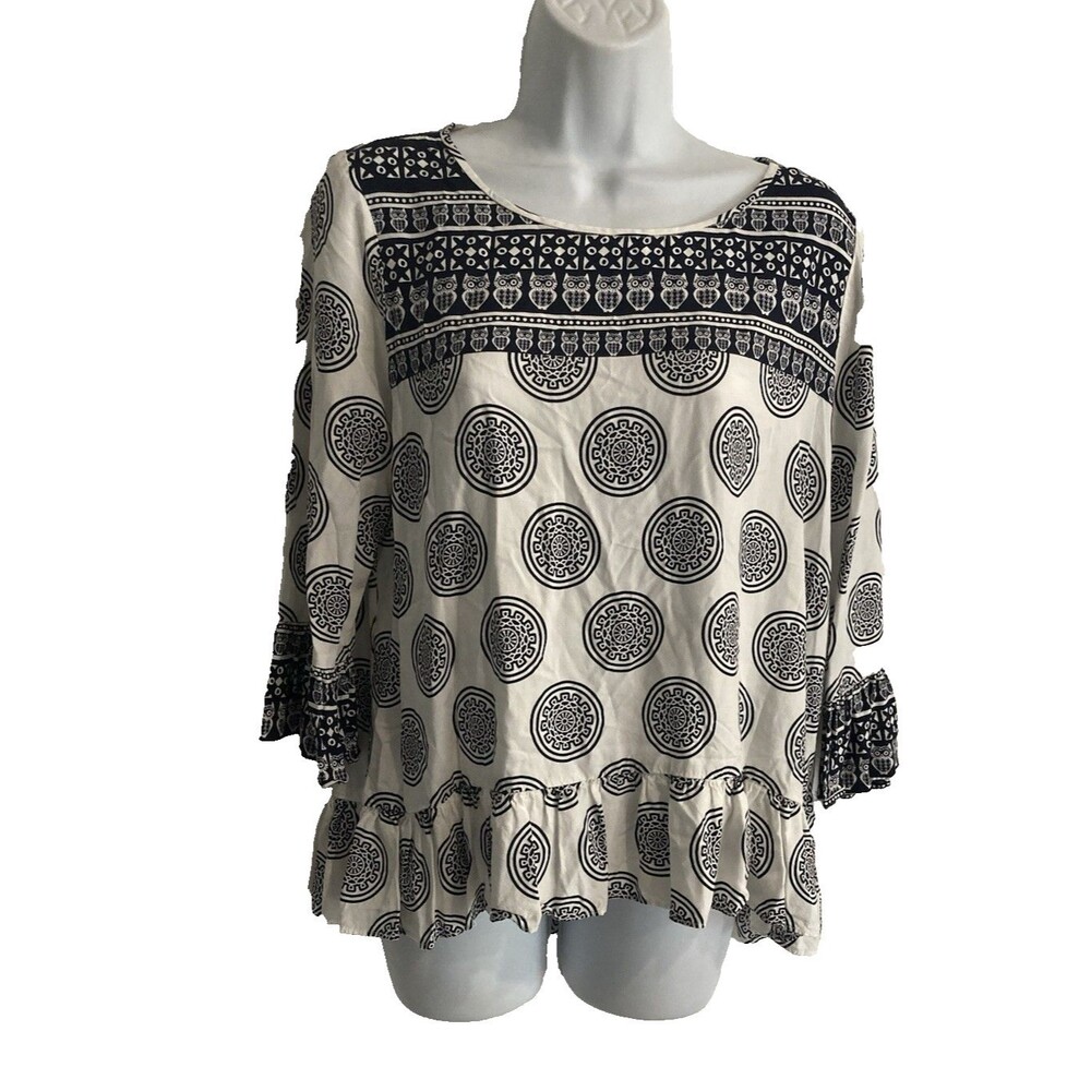 Crown & Ivy Top Womens Sz PM Blue White Owl Medallion Peplum Button Back Blouse